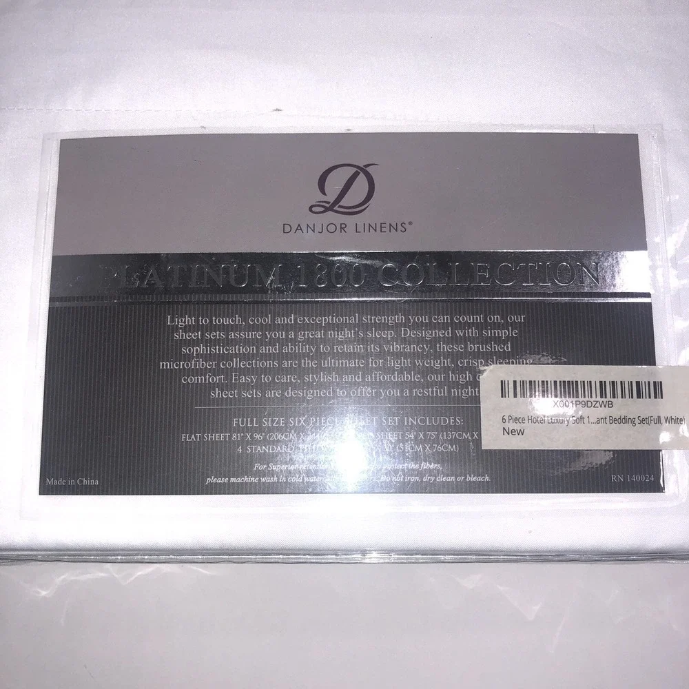 NIB Danjor Linens Platinum 1800 Collection White 6pc‎ Sheet Set - Full